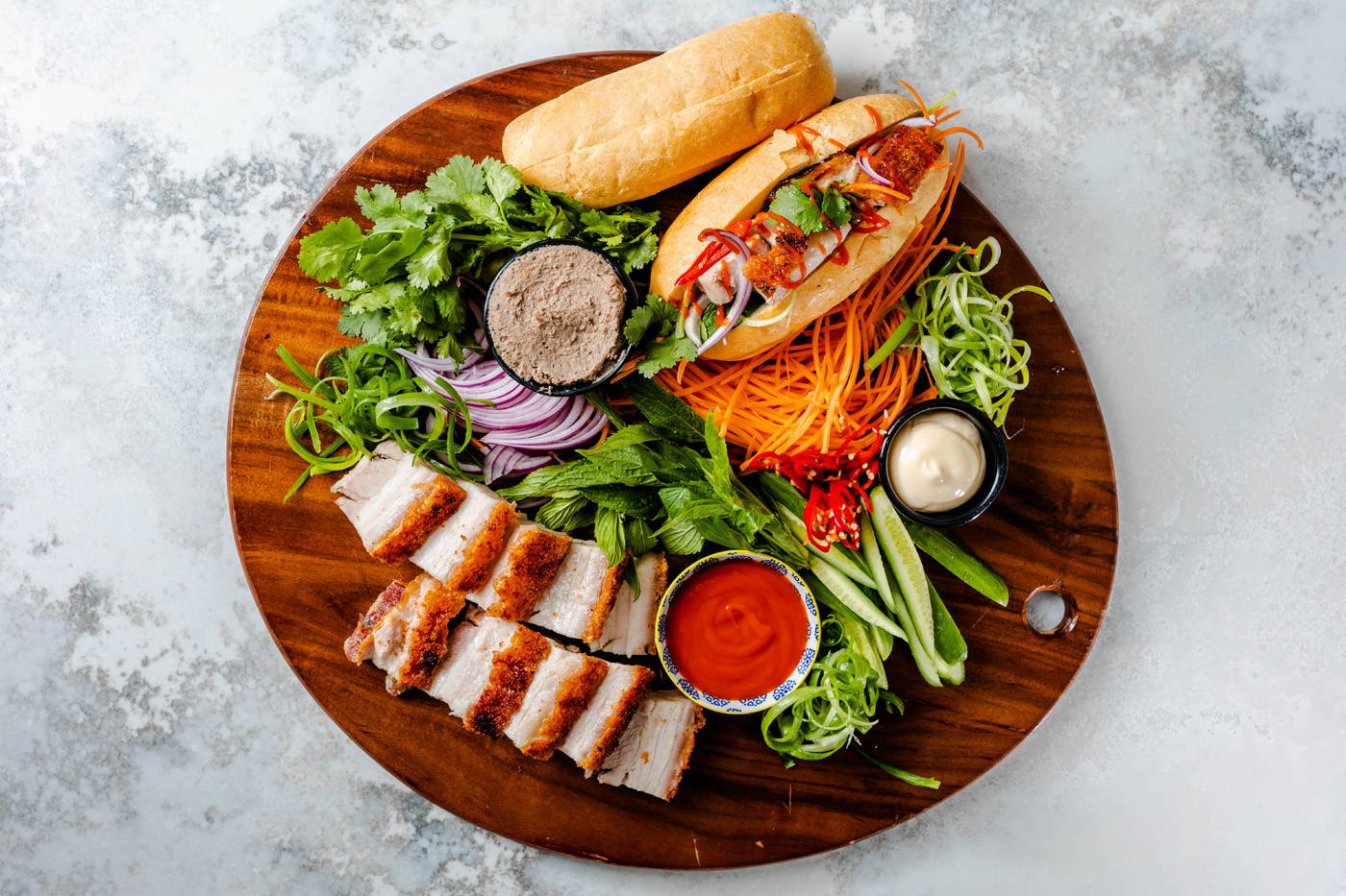 Crispy pork belly banh mi platter