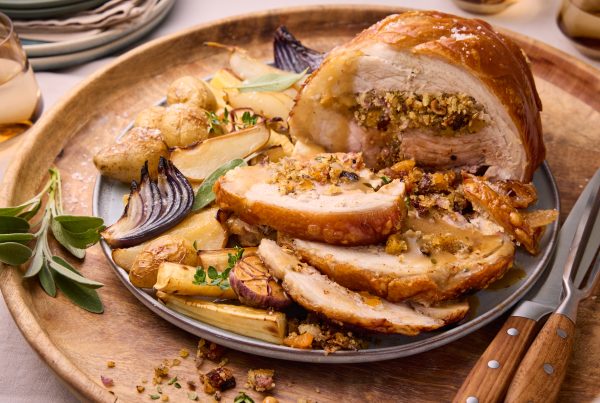 Sage and Apricot Stuffed Pork with Roasted Pear, Parsnip and Potato