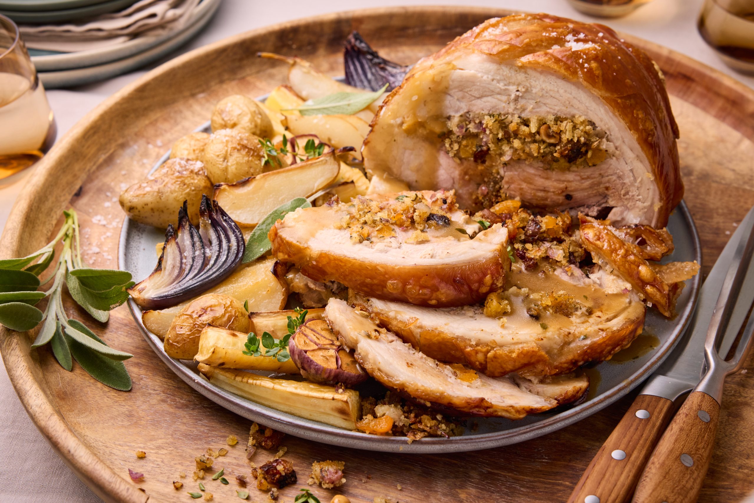 Sage and Apricot Stuffed Pork with Roasted Pear, Parsnip and Potato
