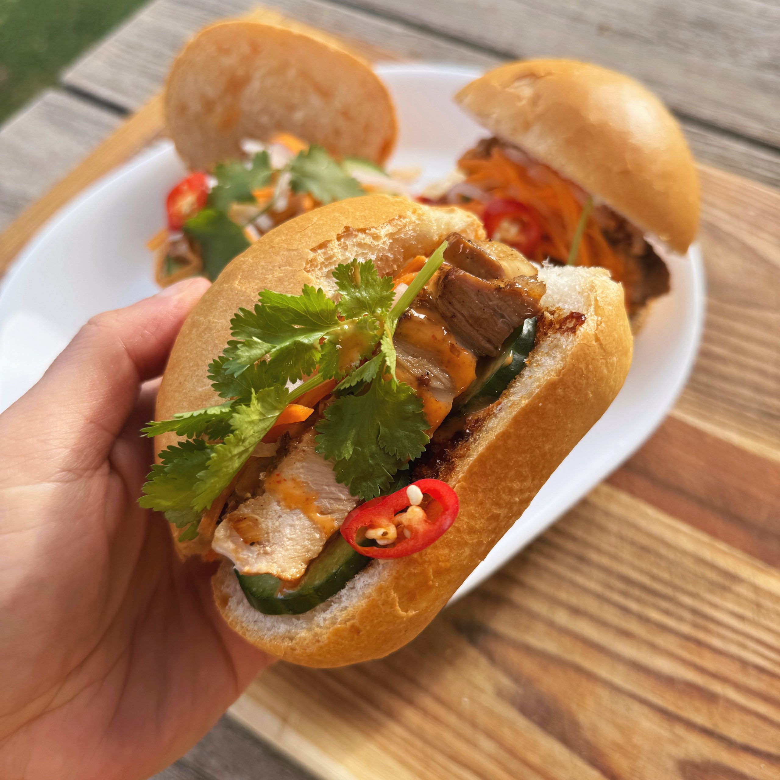 Close up of Grilled Lemongrass Pork Banh Mi Sliders